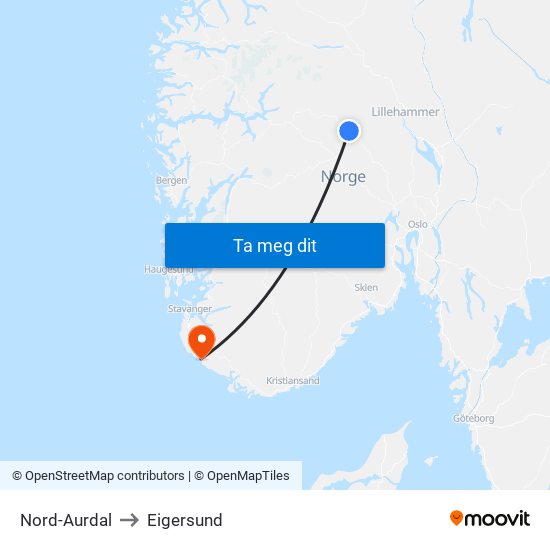 Nord-Aurdal to Eigersund map