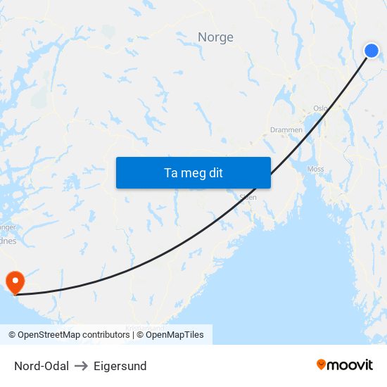 Nord-Odal to Eigersund map