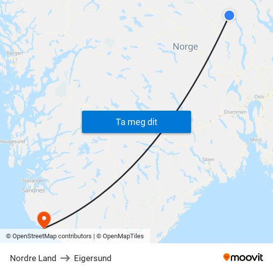 Nordre Land to Eigersund map