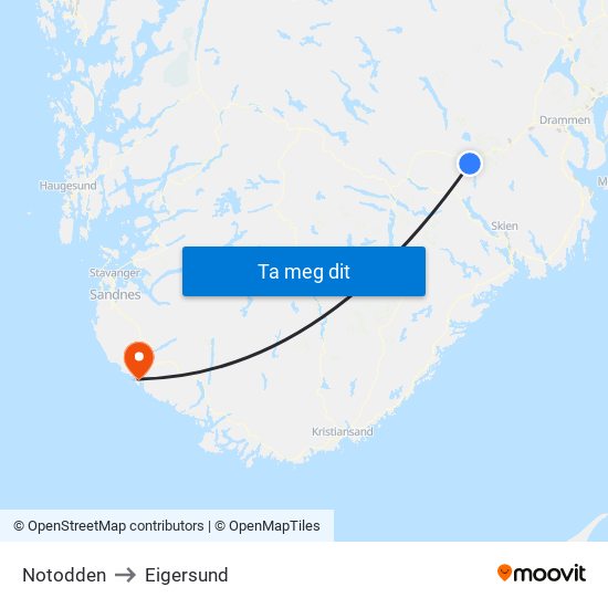Notodden to Eigersund map