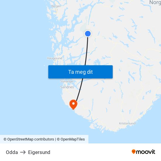 Odda to Eigersund map