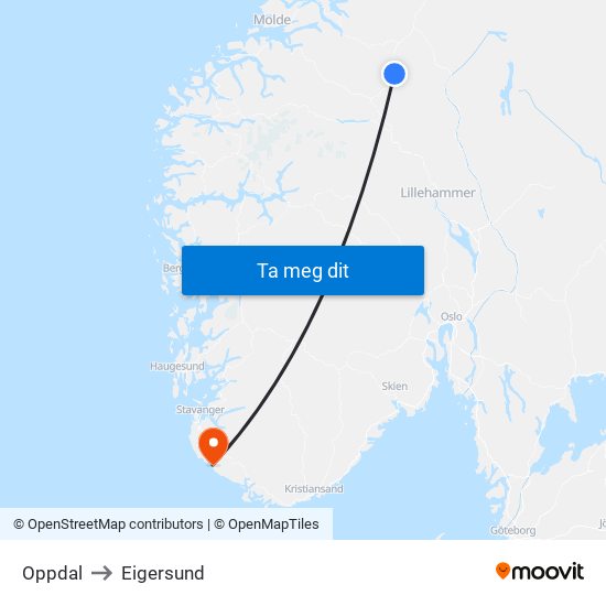 Oppdal to Eigersund map