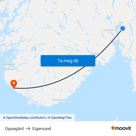 Oppegård to Eigersund map