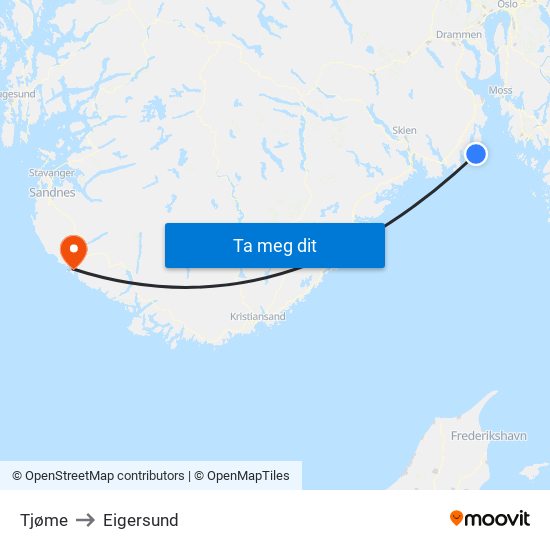 Tjøme to Eigersund map
