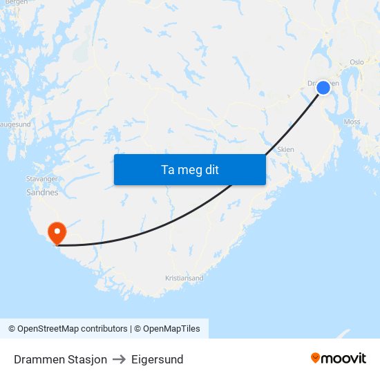 Drammen Stasjon to Eigersund map