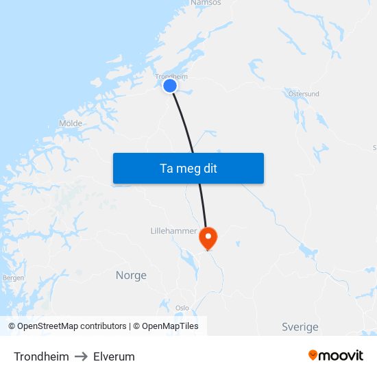 Trondheim to Elverum map