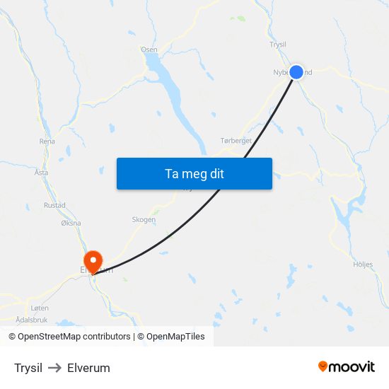 Trysil to Elverum map