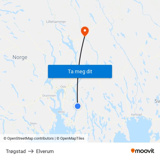 Trøgstad to Elverum map