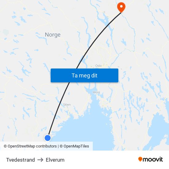 Tvedestrand to Elverum map