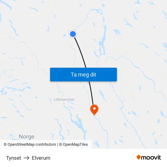 Tynset to Elverum map