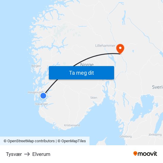 Tysvær to Elverum map