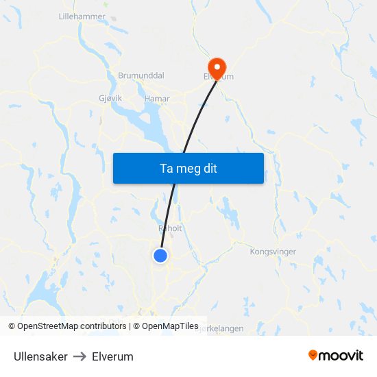 Ullensaker to Elverum map