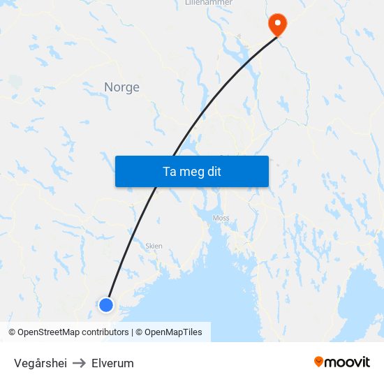 Vegårshei to Elverum map