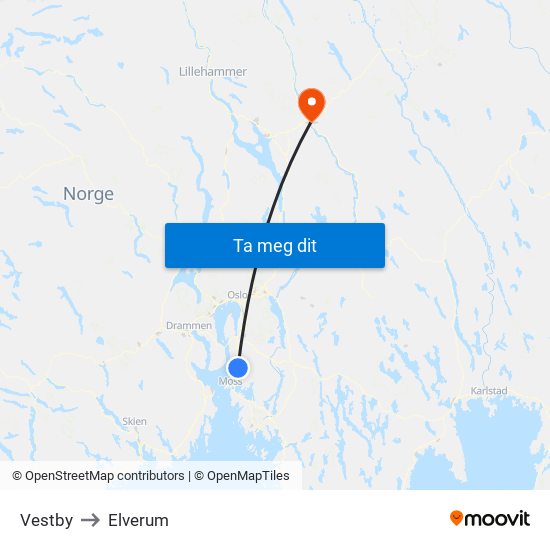 Vestby to Elverum map