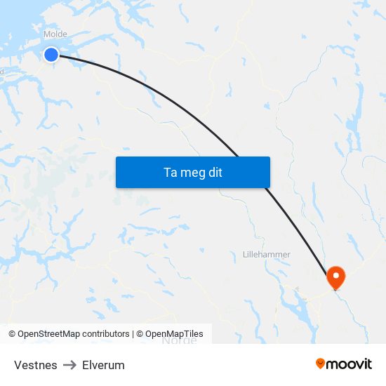 Vestnes to Elverum map