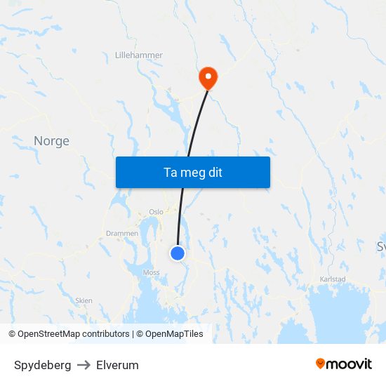 Spydeberg to Elverum map