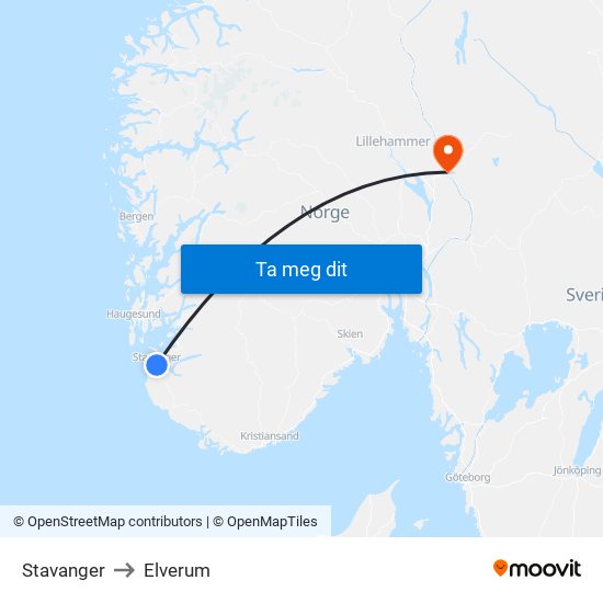 Stavanger to Elverum map