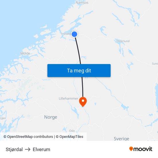 Stjørdal to Elverum map