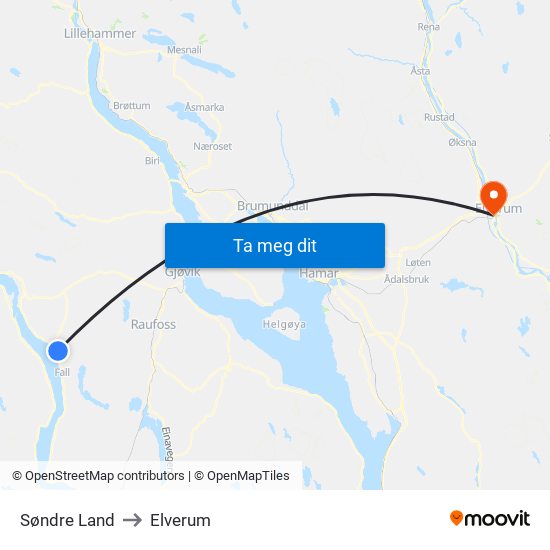 Søndre Land to Elverum map