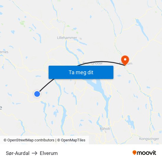 Sør-Aurdal to Elverum map