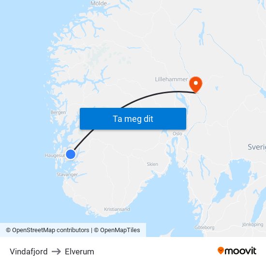 Vindafjord to Elverum map