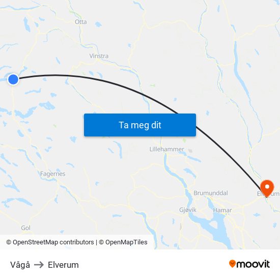 Vågå to Elverum map