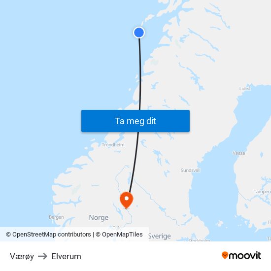 Værøy to Elverum map