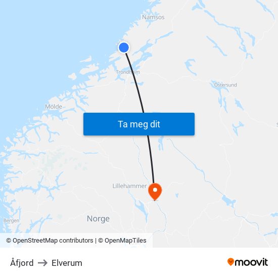 Åfjord to Elverum map