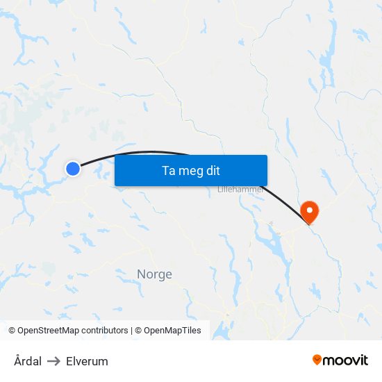 Årdal to Elverum map