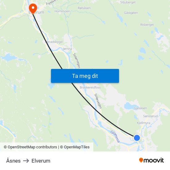Åsnes to Elverum map