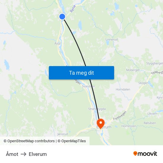 Åmot to Elverum map