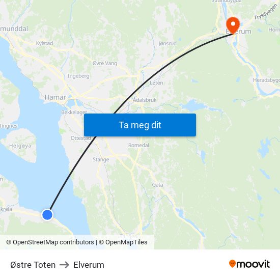 Østre Toten to Elverum map