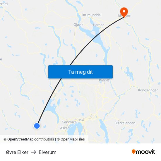 Øvre Eiker to Elverum map