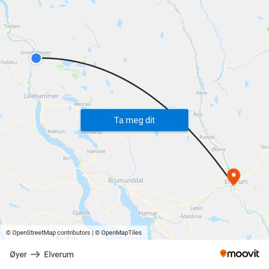 Øyer to Elverum map