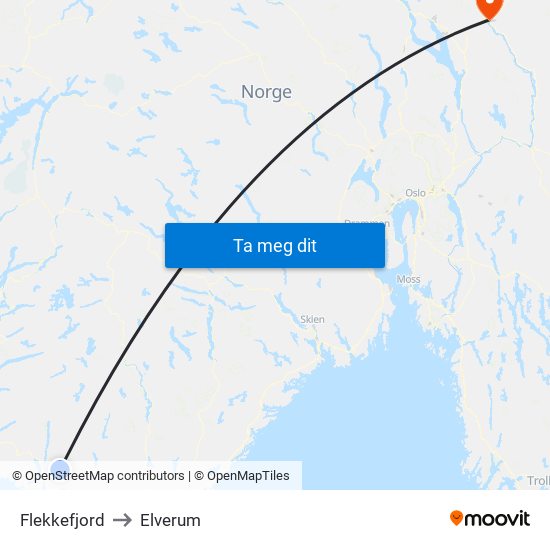Flekkefjord to Elverum map