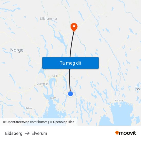 Eidsberg to Elverum map
