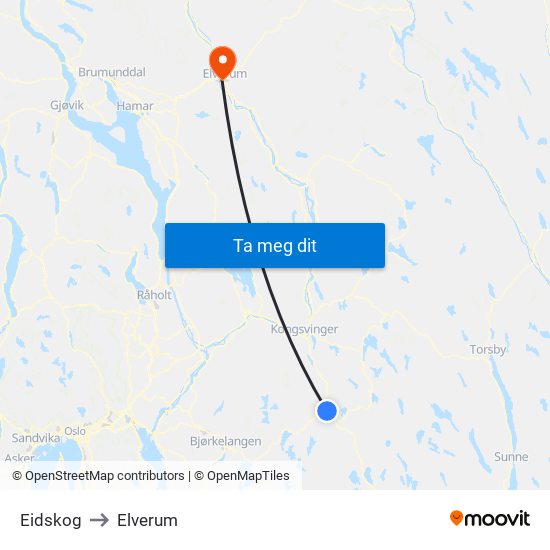 Eidskog to Elverum map