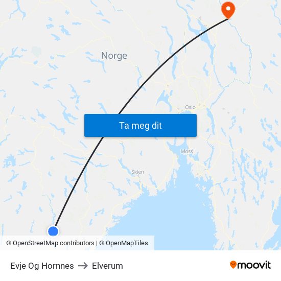 Evje Og Hornnes to Elverum map