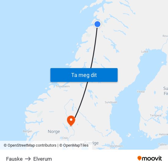 Fauske to Elverum map