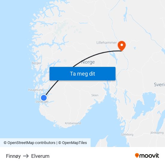 Finnøy to Elverum map