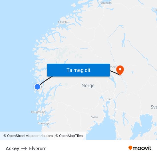 Askøy to Elverum map
