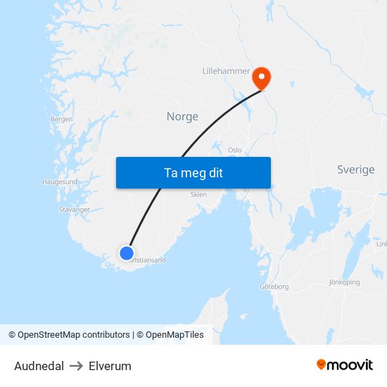 Audnedal to Elverum map