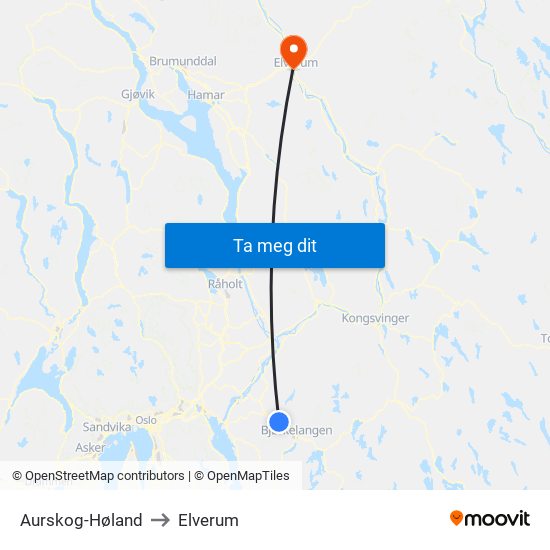 Aurskog-Høland to Elverum map