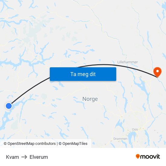 Kvam to Elverum map