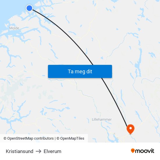 Kristiansund to Elverum map