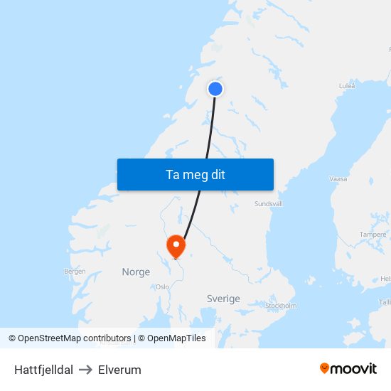 Hattfjelldal to Elverum map