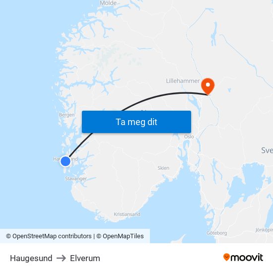 Haugesund to Elverum map