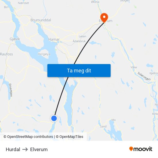 Hurdal to Elverum map