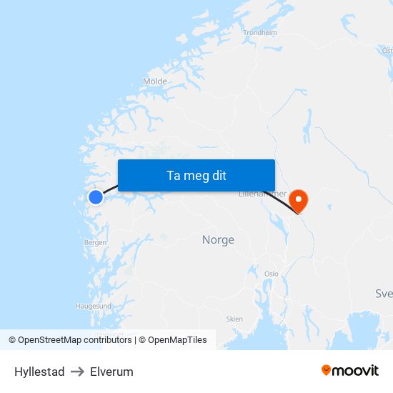 Hyllestad to Elverum map