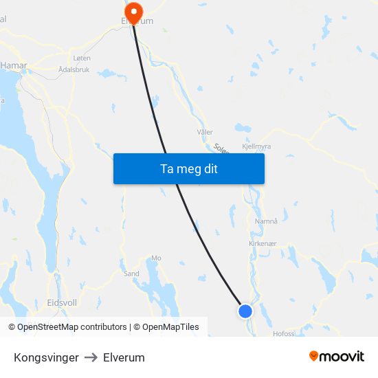 Kongsvinger to Elverum map